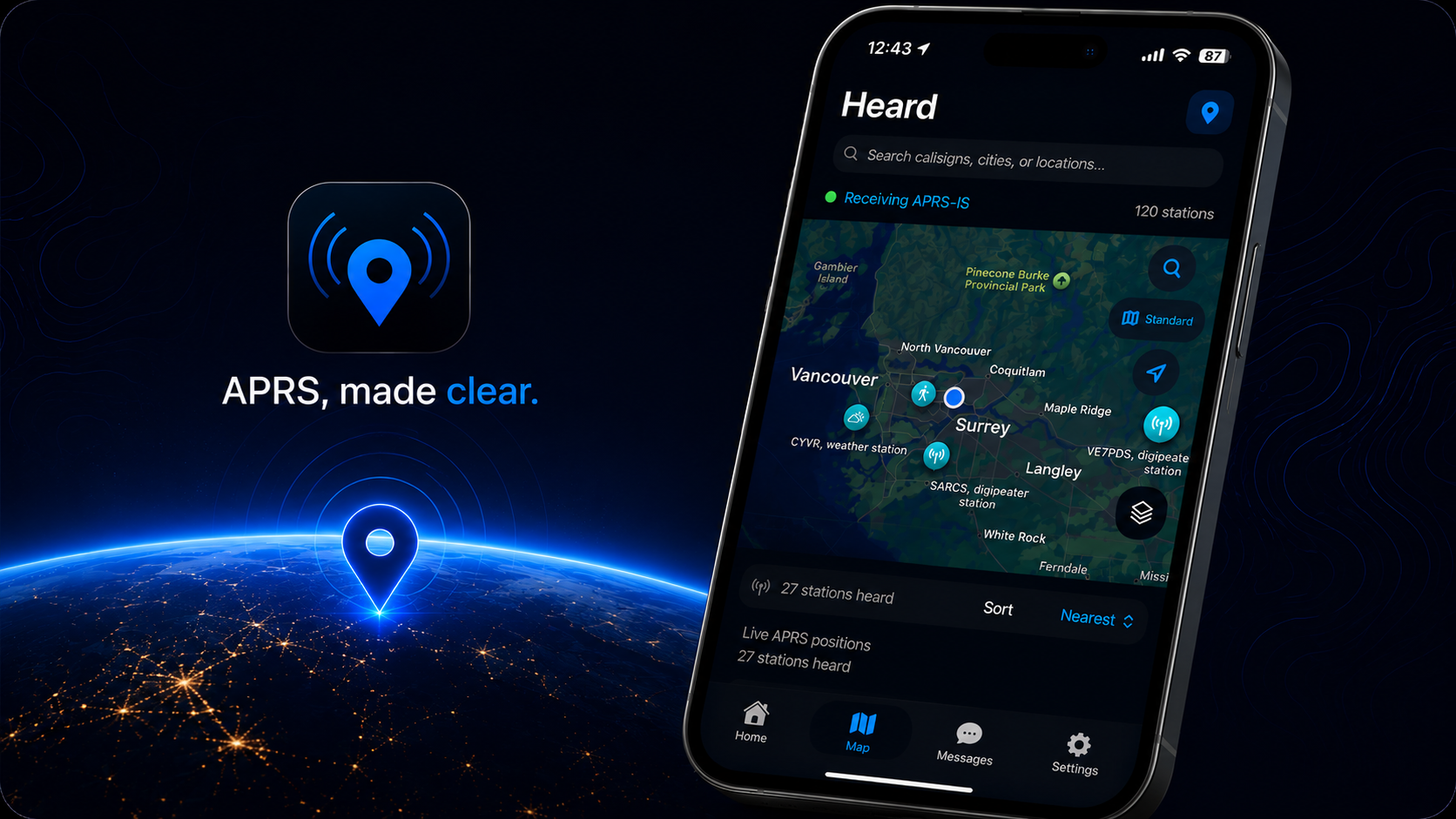 Heard promotional artwork with the app interface and APRS activity.