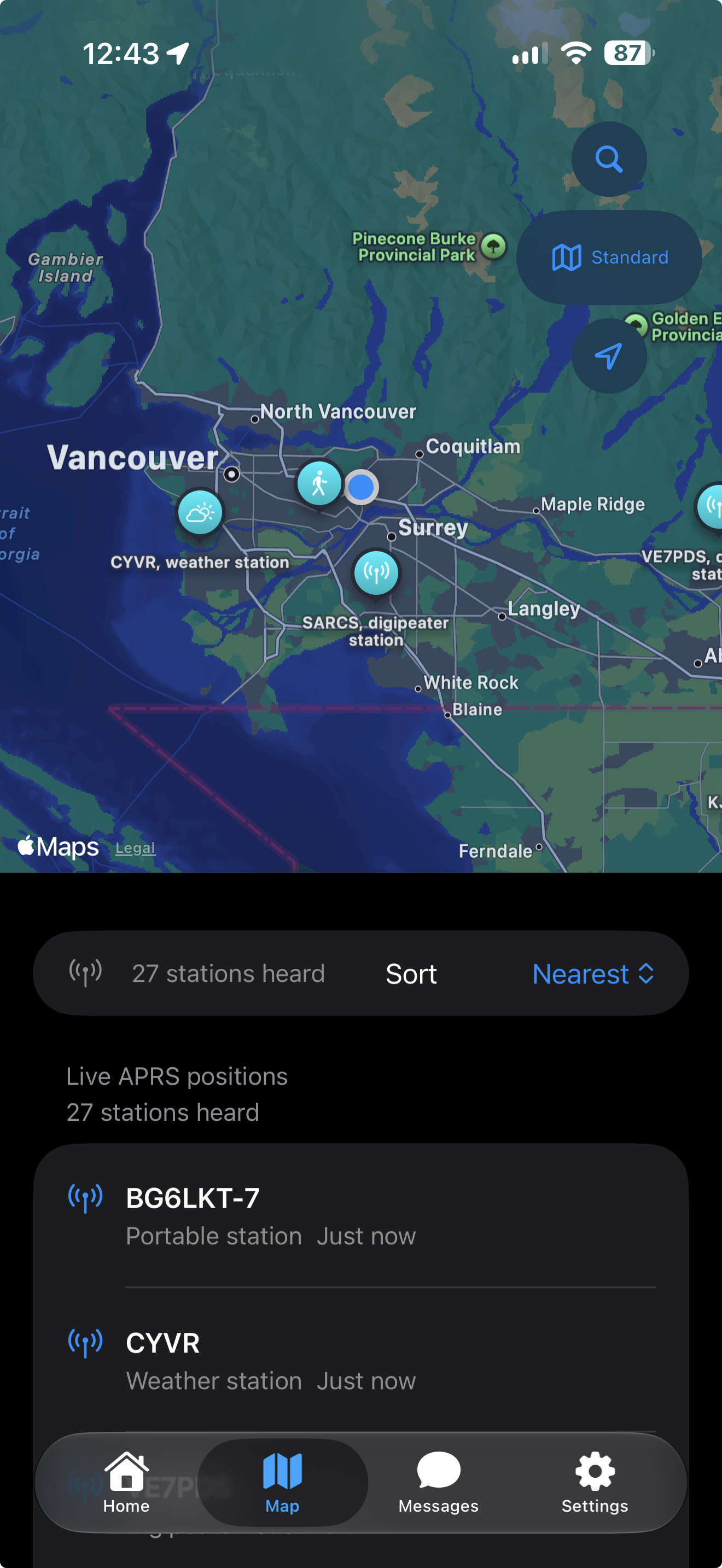 Heard showing nearby APRS stations on a map.