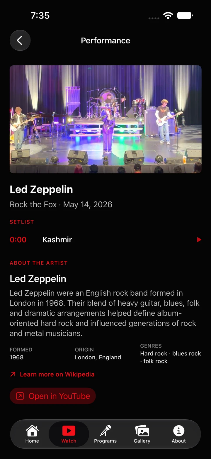 Performance screen with concert video, Kashmir setlist entry, and artist information.