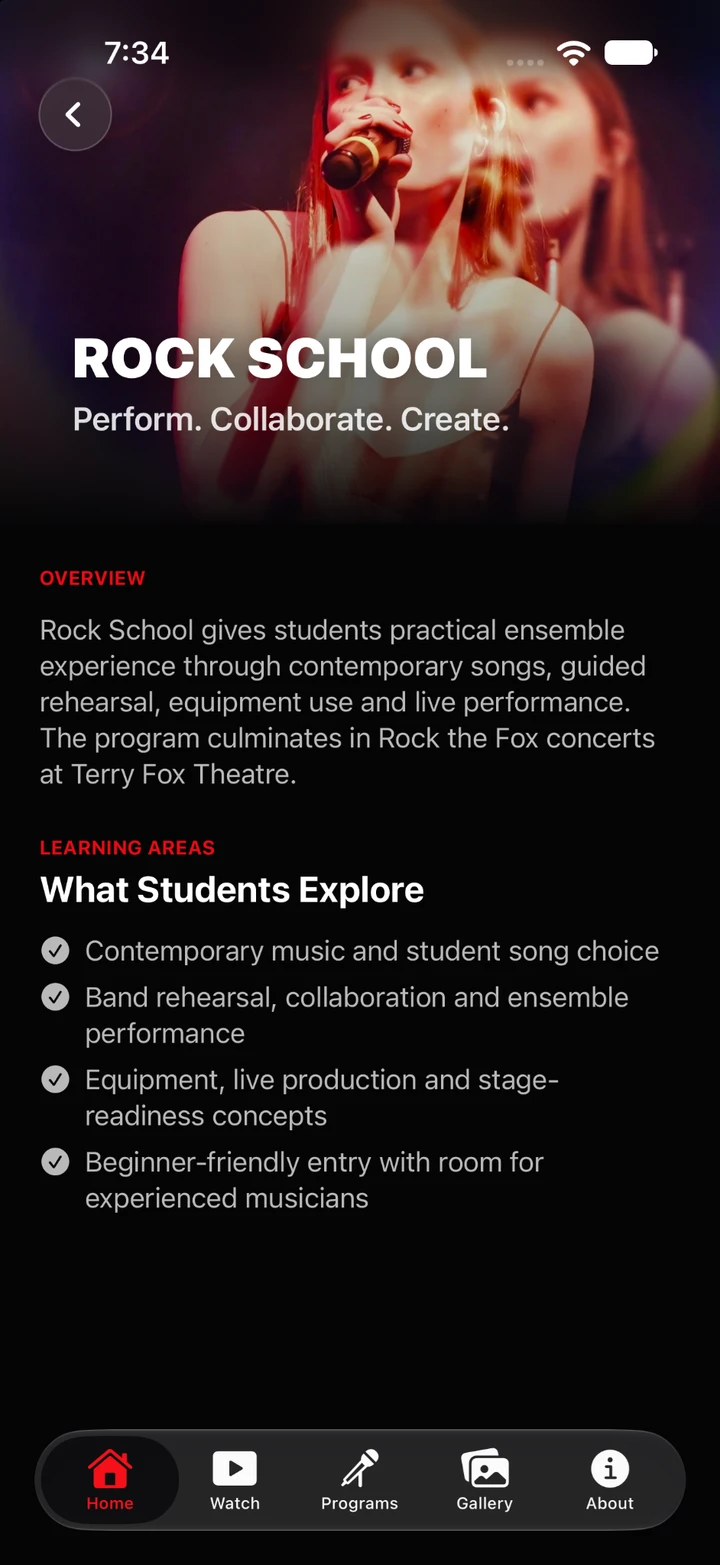 Rock School program page, featuring concert photography.