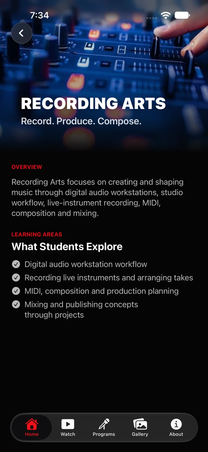 Recording Arts program page with a mixing console.