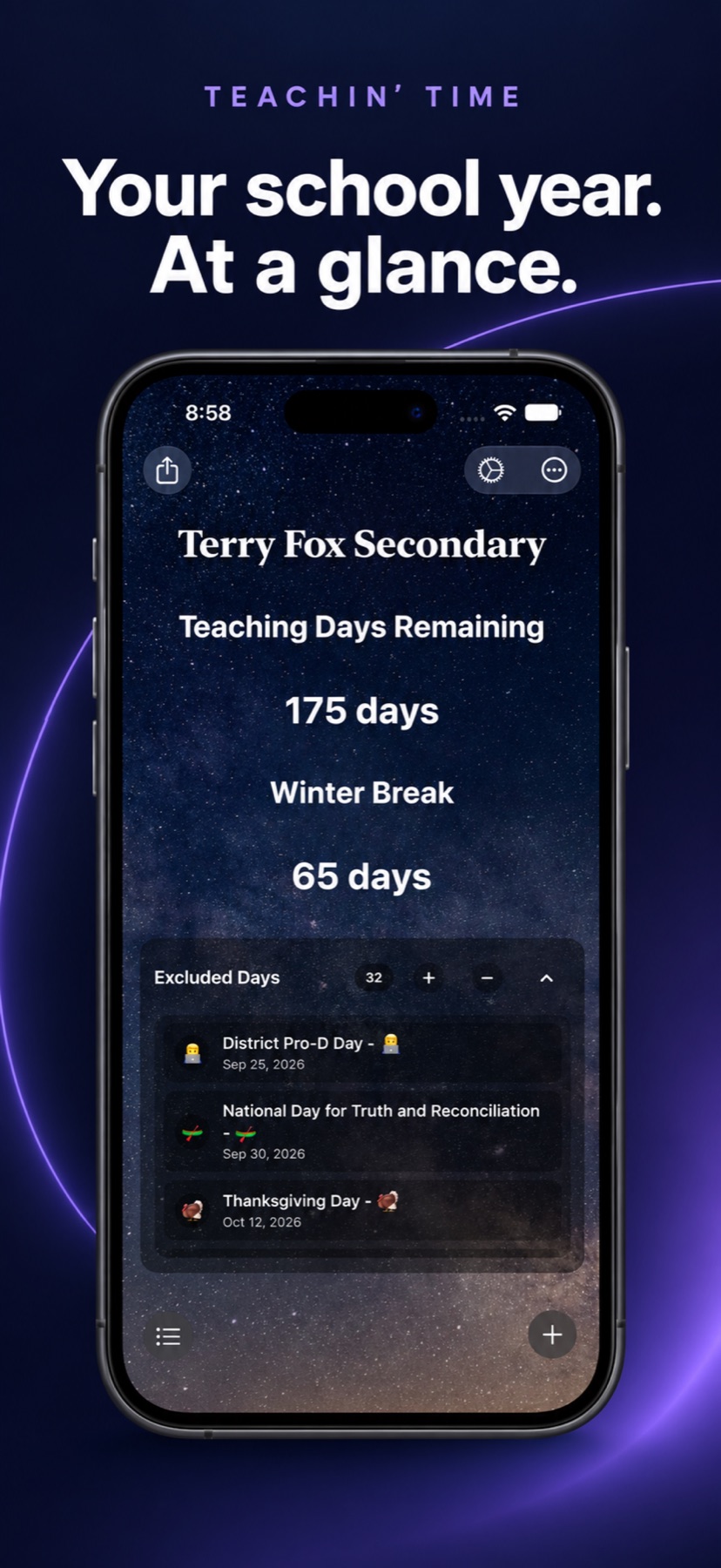 Teachin’ Time school-year dashboard and teaching days remaining.
