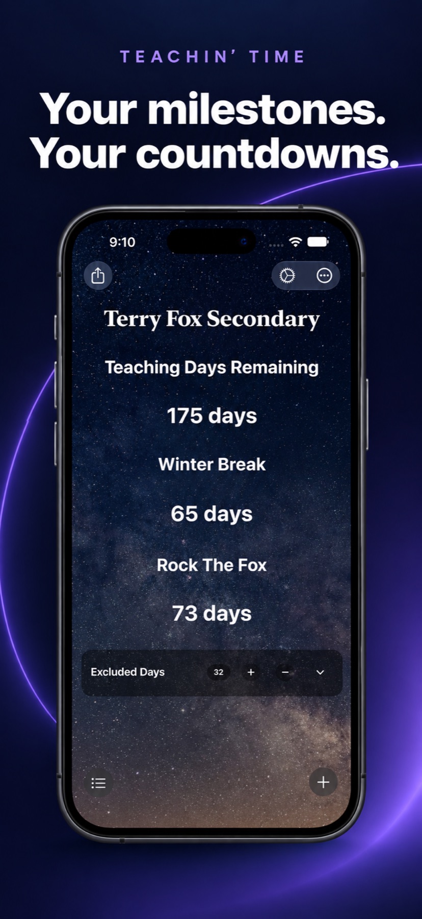 Teachin’ Time personal milestone countdowns.