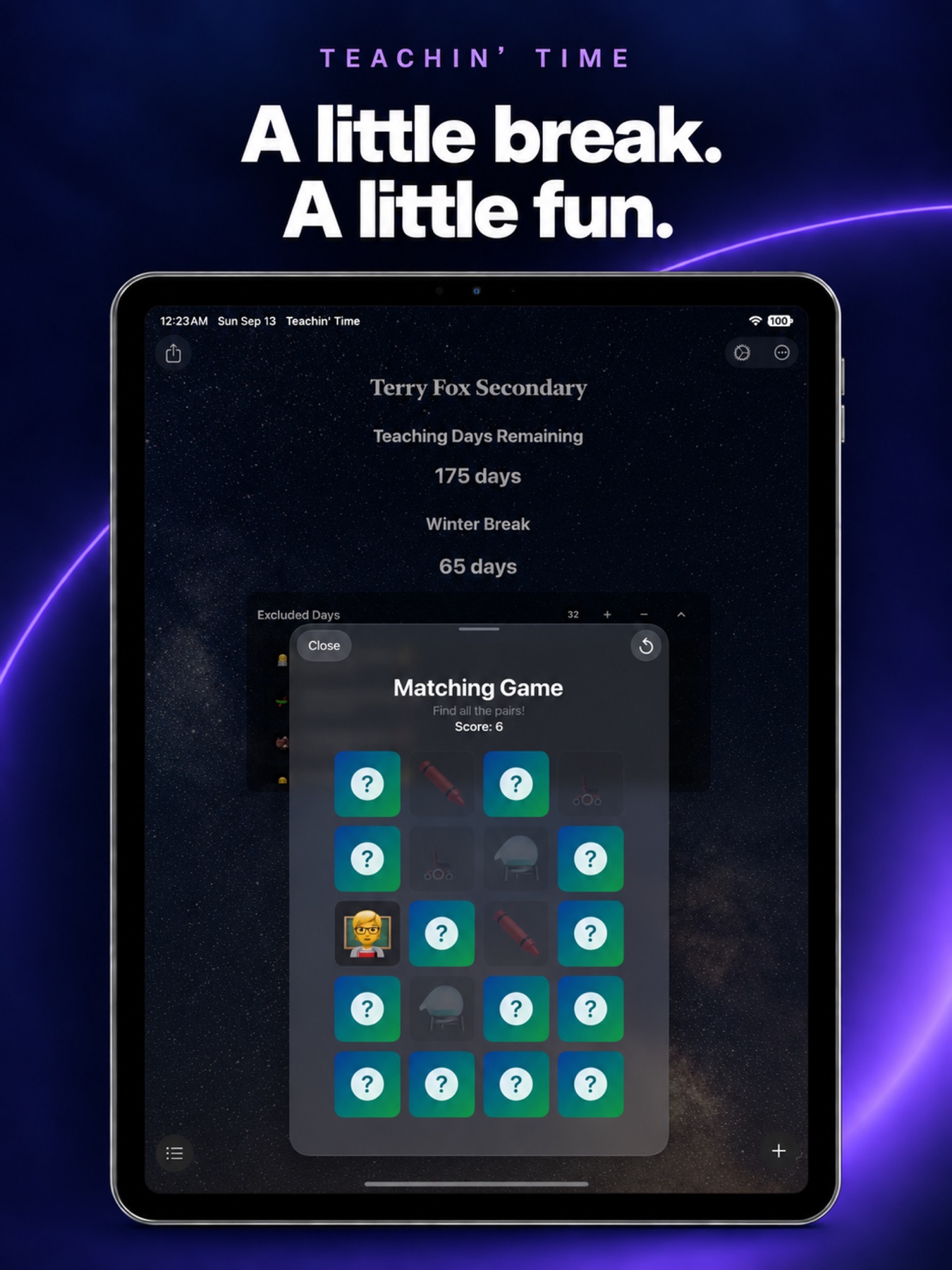 Teachin’ Time Matching Game on iPad with all twenty cards visible